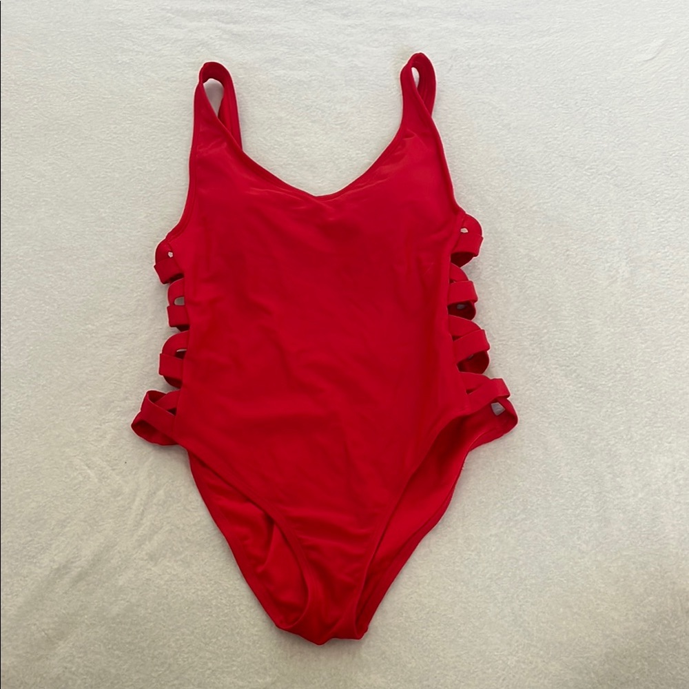 Classic Red One-Piece Swimsuit with Side Strap Detail